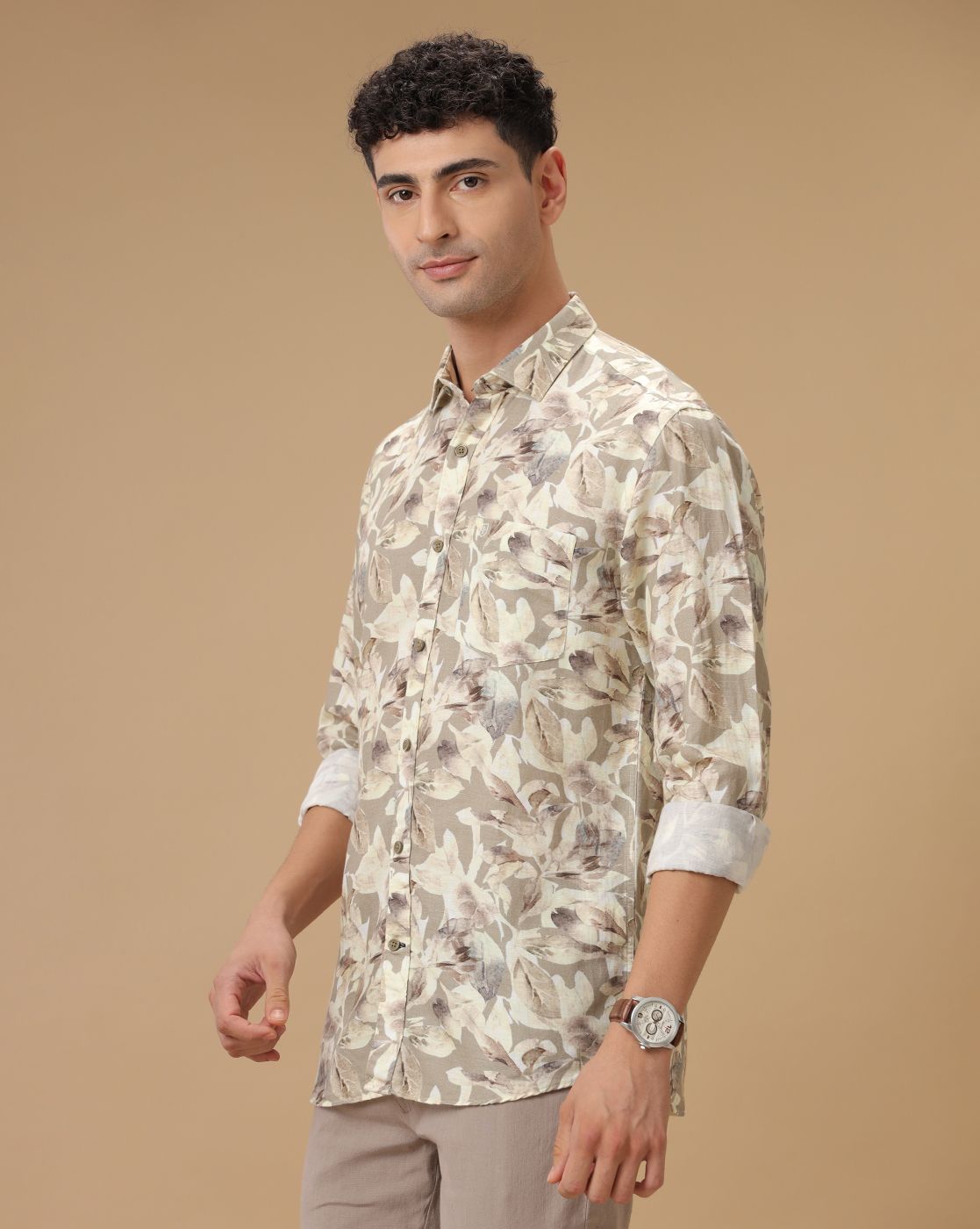 Men's Linen Rich Beige Printed Contemporary Fit Full Sleeve Casual Shirt