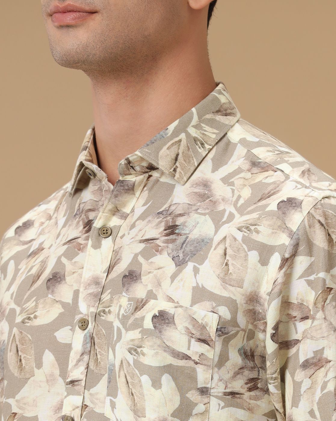 Men's Linen Rich Beige Printed Contemporary Fit Full Sleeve Casual Shirt