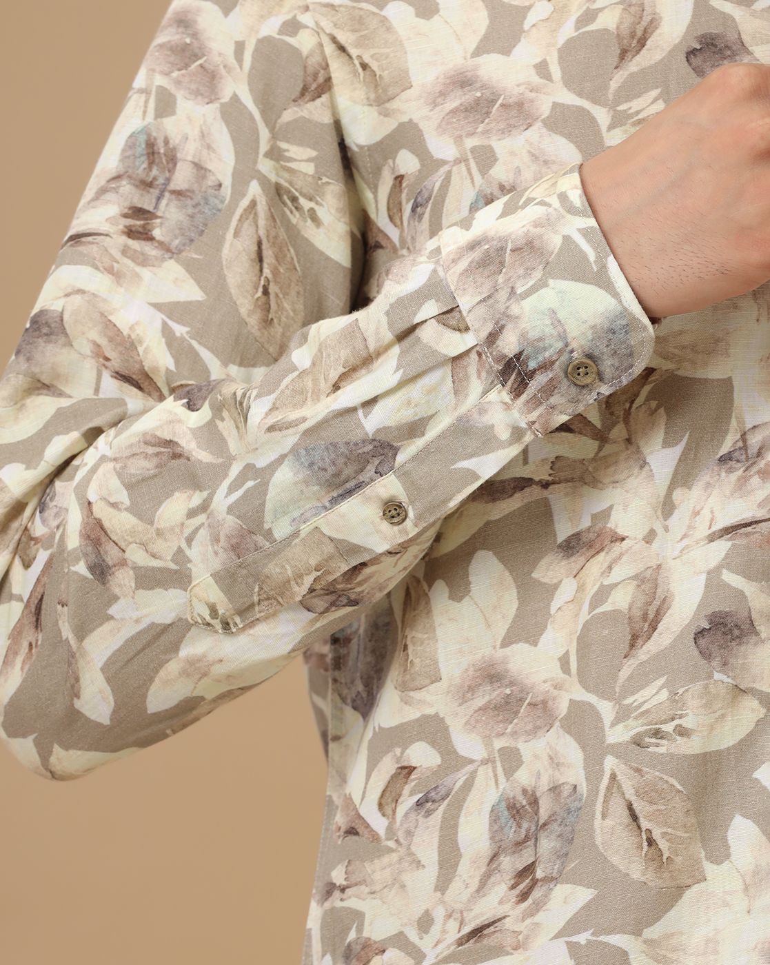 Men's Linen Rich Beige Printed Contemporary Fit Full Sleeve Casual Shirt