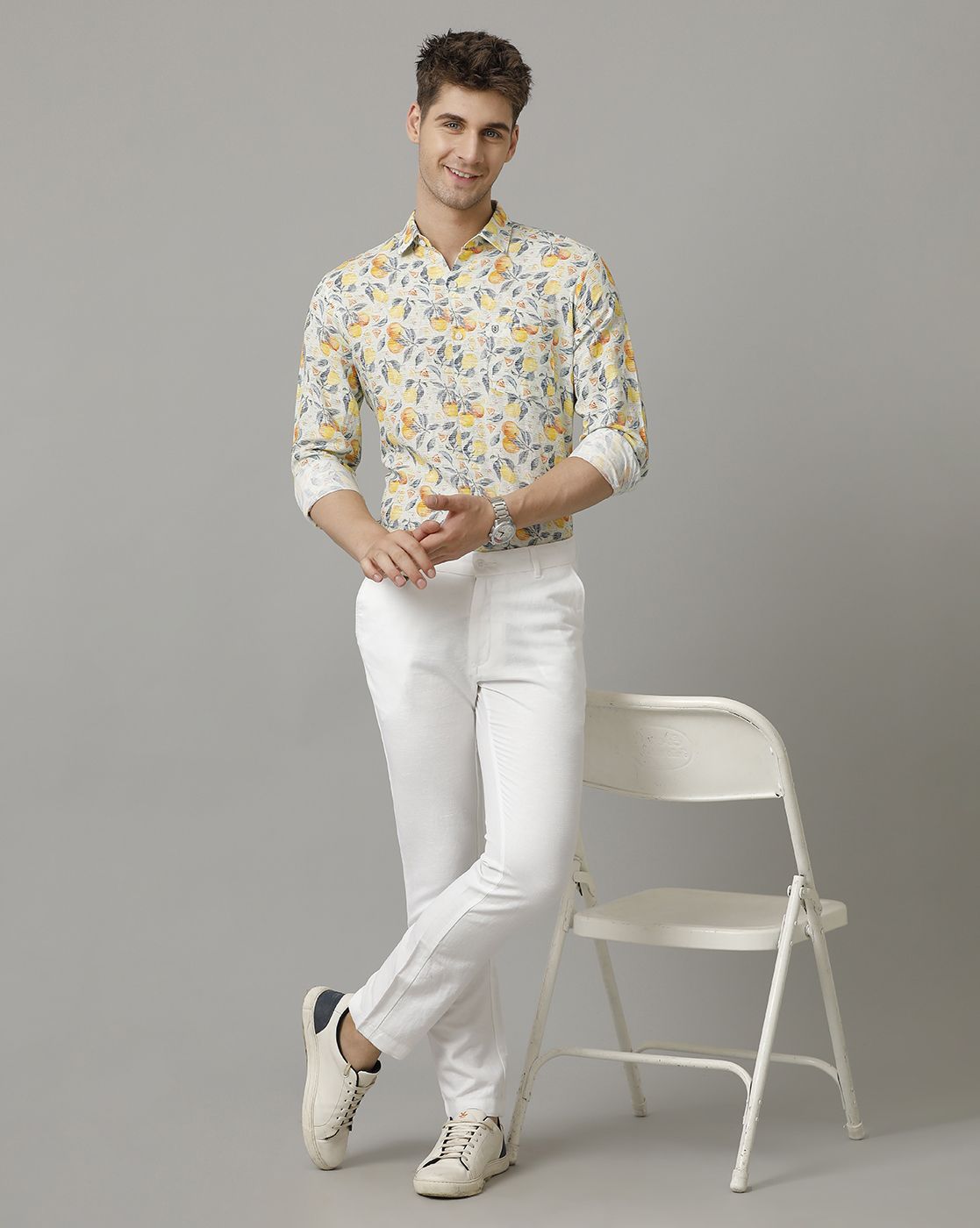 Men's Linen Rich Yellow Printed Contemporary Fit Full Sleeve Sleeve Casual Shirt