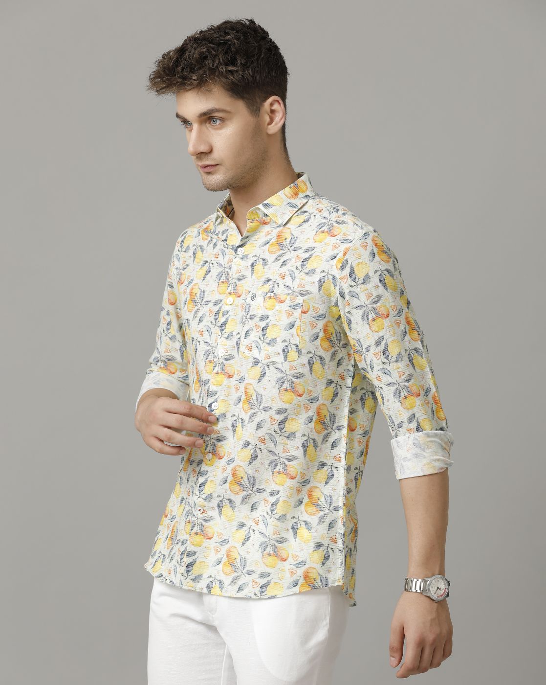 Men's Linen Rich Yellow Printed Contemporary Fit Full Sleeve Sleeve Casual Shirt