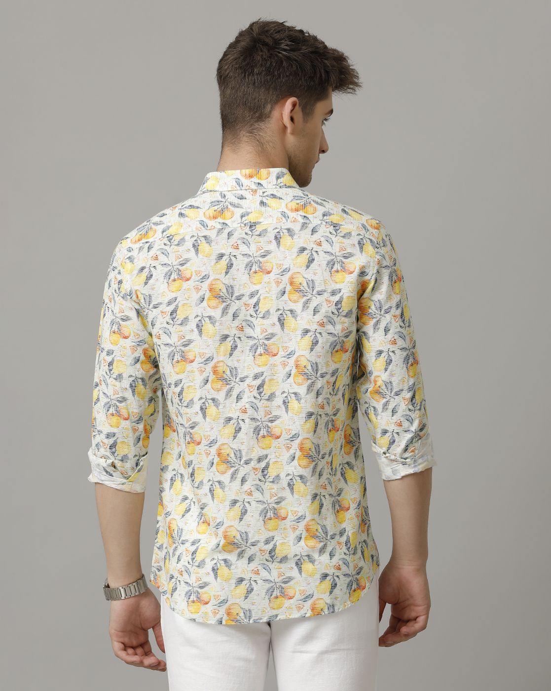 Men's Linen Rich Yellow Printed Contemporary Fit Full Sleeve Sleeve Casual Shirt