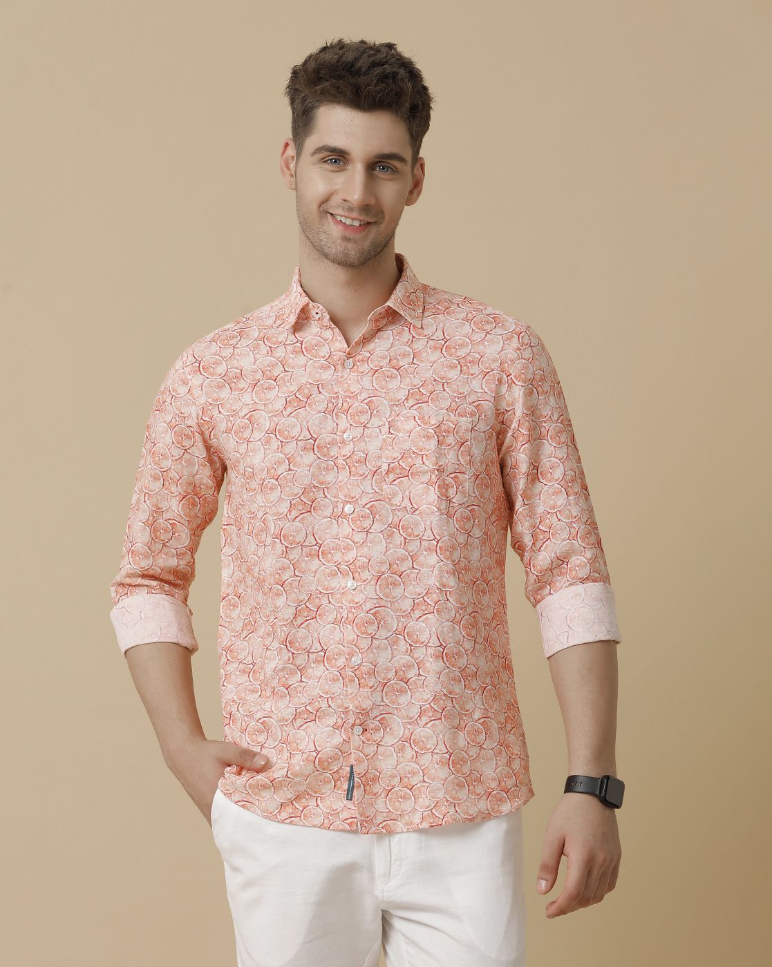 Men's Linen Rich Pink Printed Contemporary Fit Full Sleeve Sleeve Casual Shirt