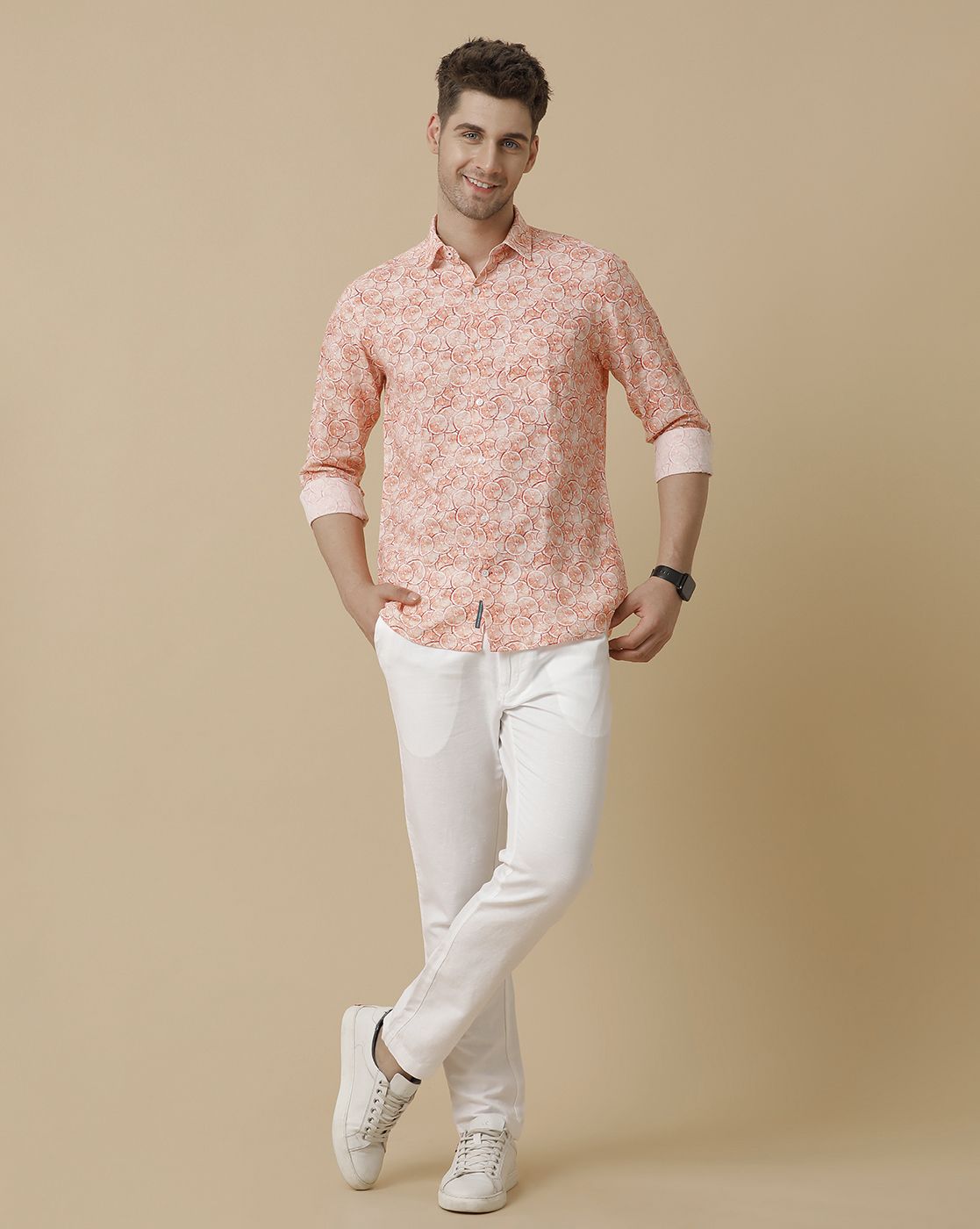 Men's Linen Rich Pink Printed Contemporary Fit Full Sleeve Sleeve Casual Shirt