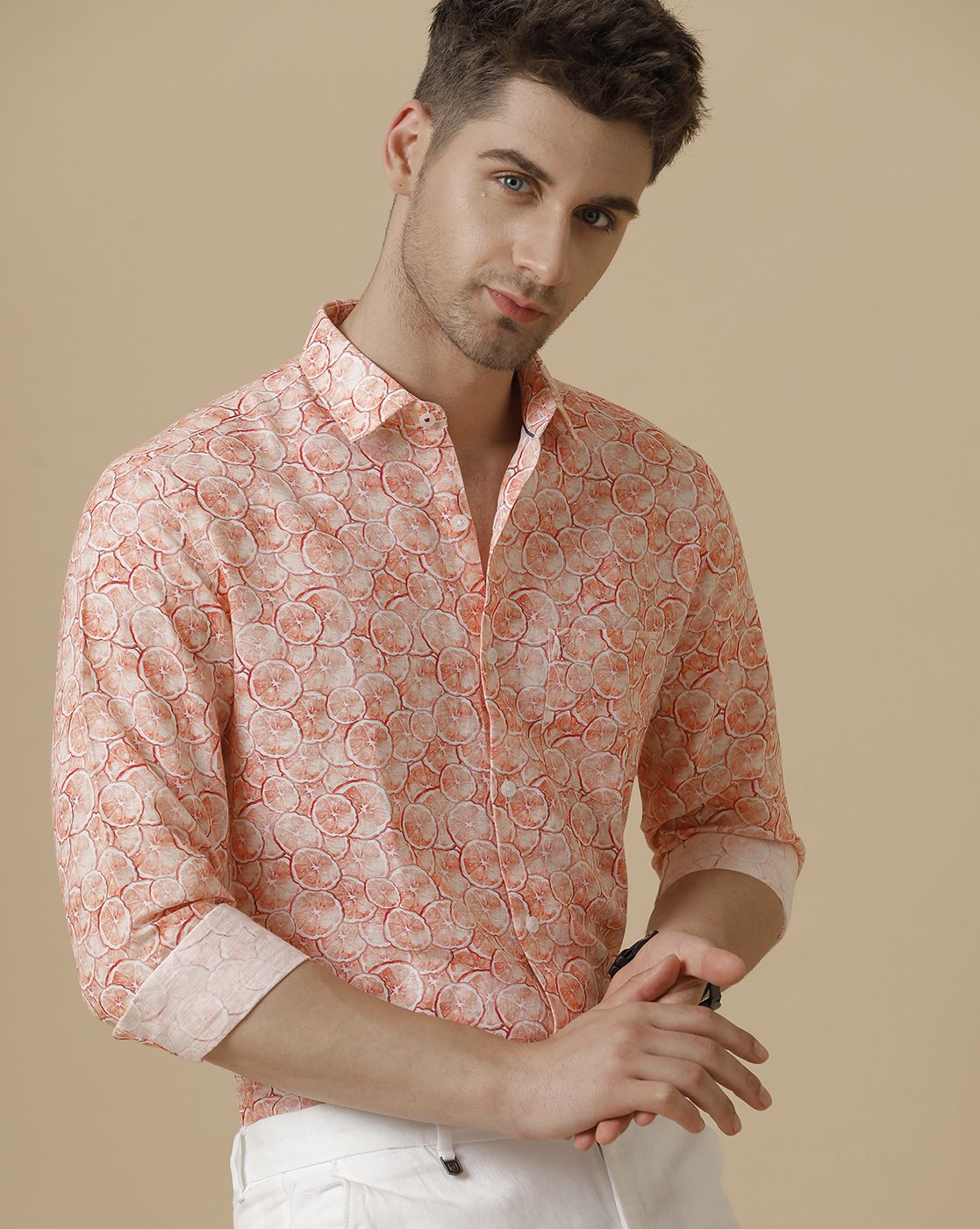 Men's Linen Rich Pink Printed Contemporary Fit Full Sleeve Sleeve Casual Shirt