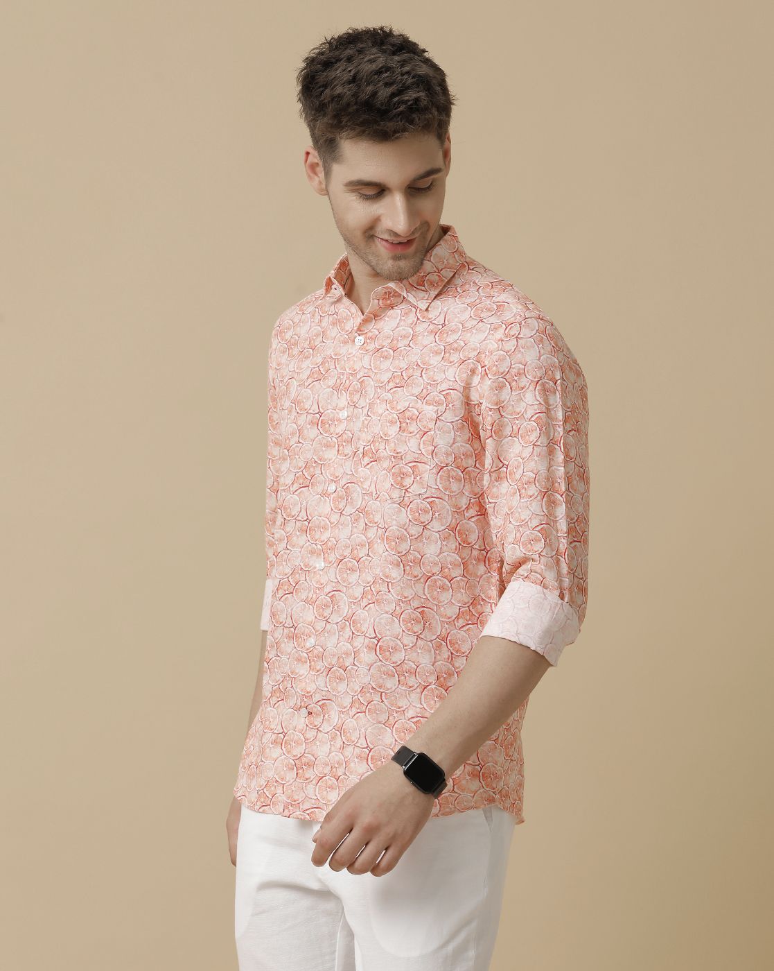 Men's Linen Rich Pink Printed Contemporary Fit Full Sleeve Sleeve Casual Shirt