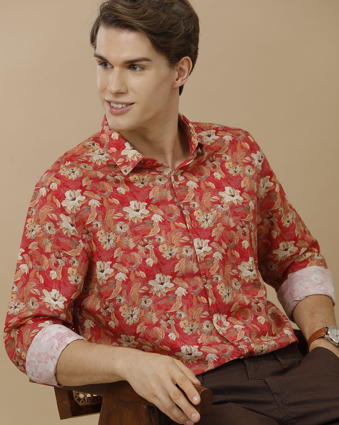 Men's Linen Rich Red Printed Contemporary Fit Full Sleeve Casual Shirt