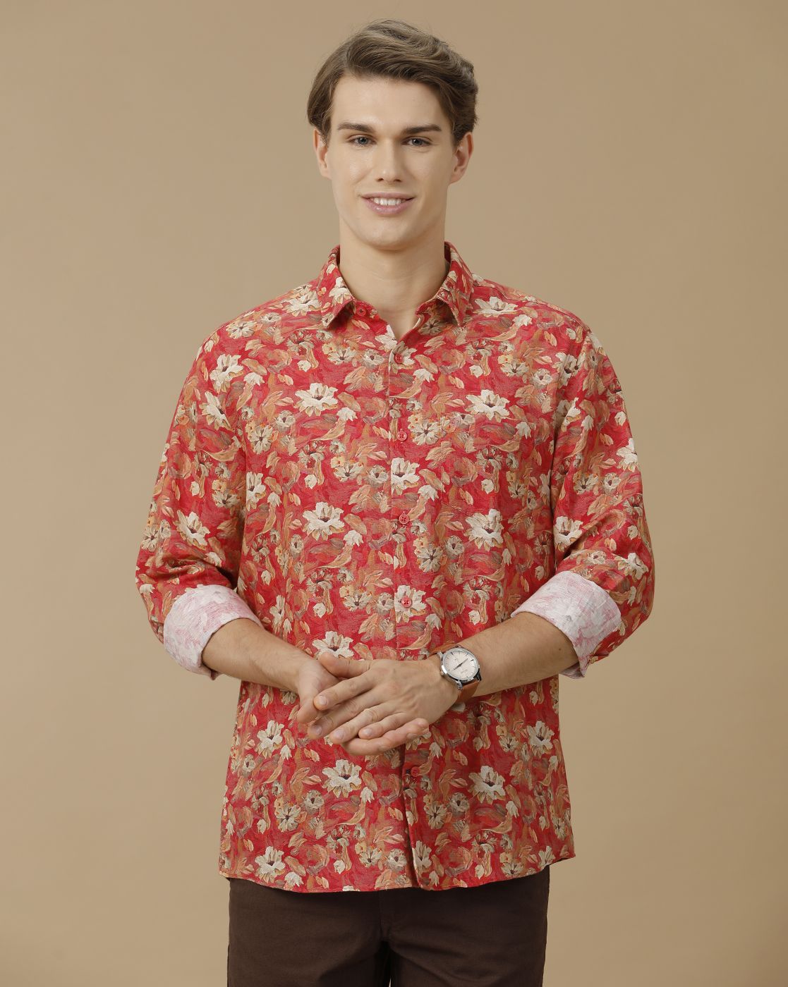 Men's Linen Rich Red Printed Contemporary Fit Full Sleeve Casual Shirt