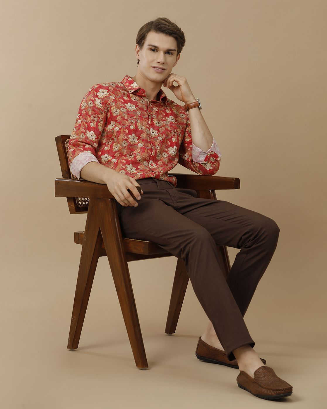 Men's Linen Rich Red Printed Contemporary Fit Full Sleeve Casual Shirt