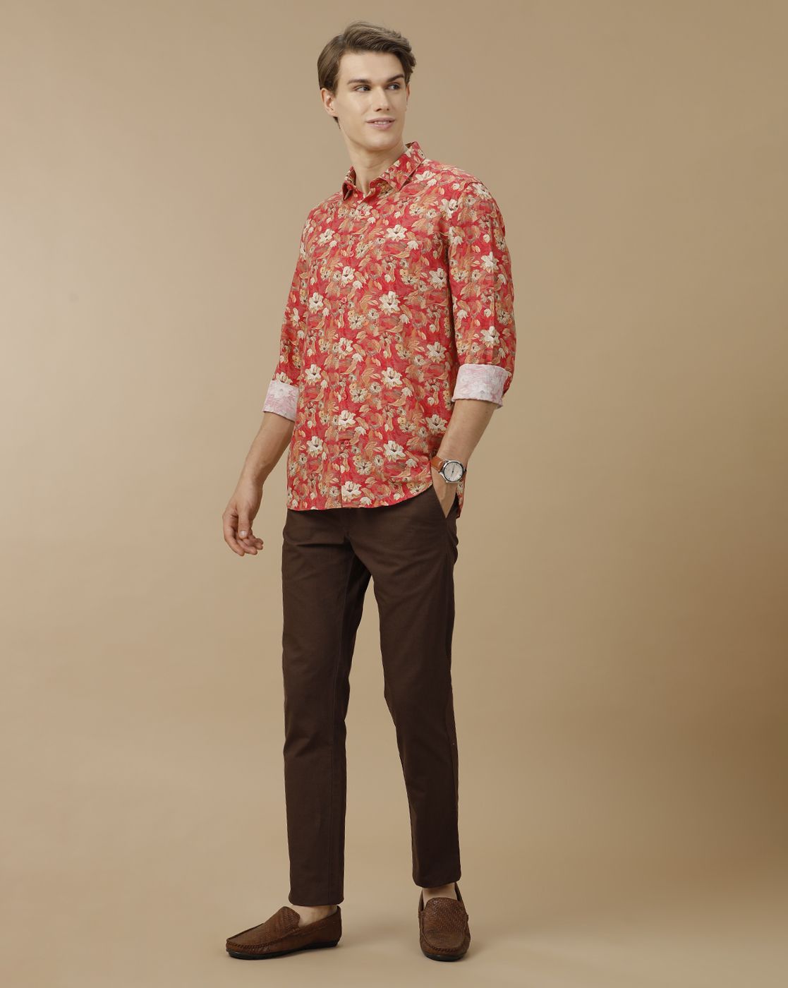 Men's Linen Rich Red Printed Contemporary Fit Full Sleeve Casual Shirt