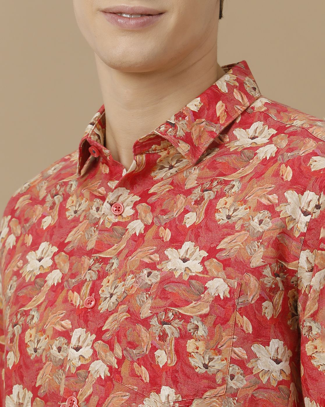 Men's Linen Rich Red Printed Contemporary Fit Full Sleeve Casual Shirt