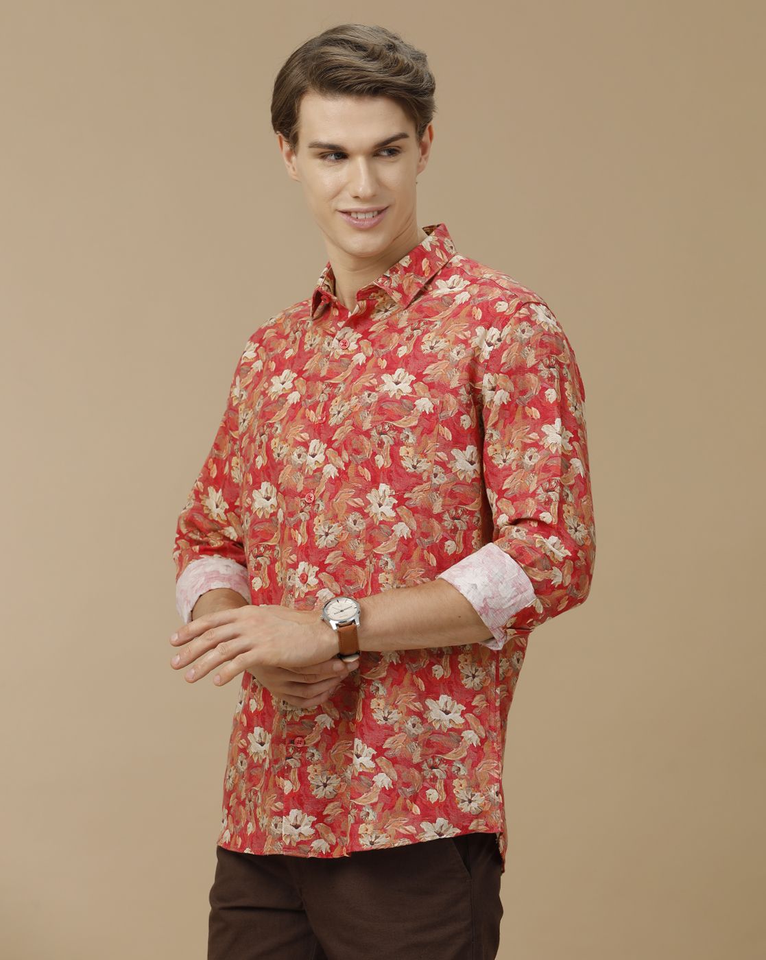 Men's Linen Rich Red Printed Contemporary Fit Full Sleeve Casual Shirt