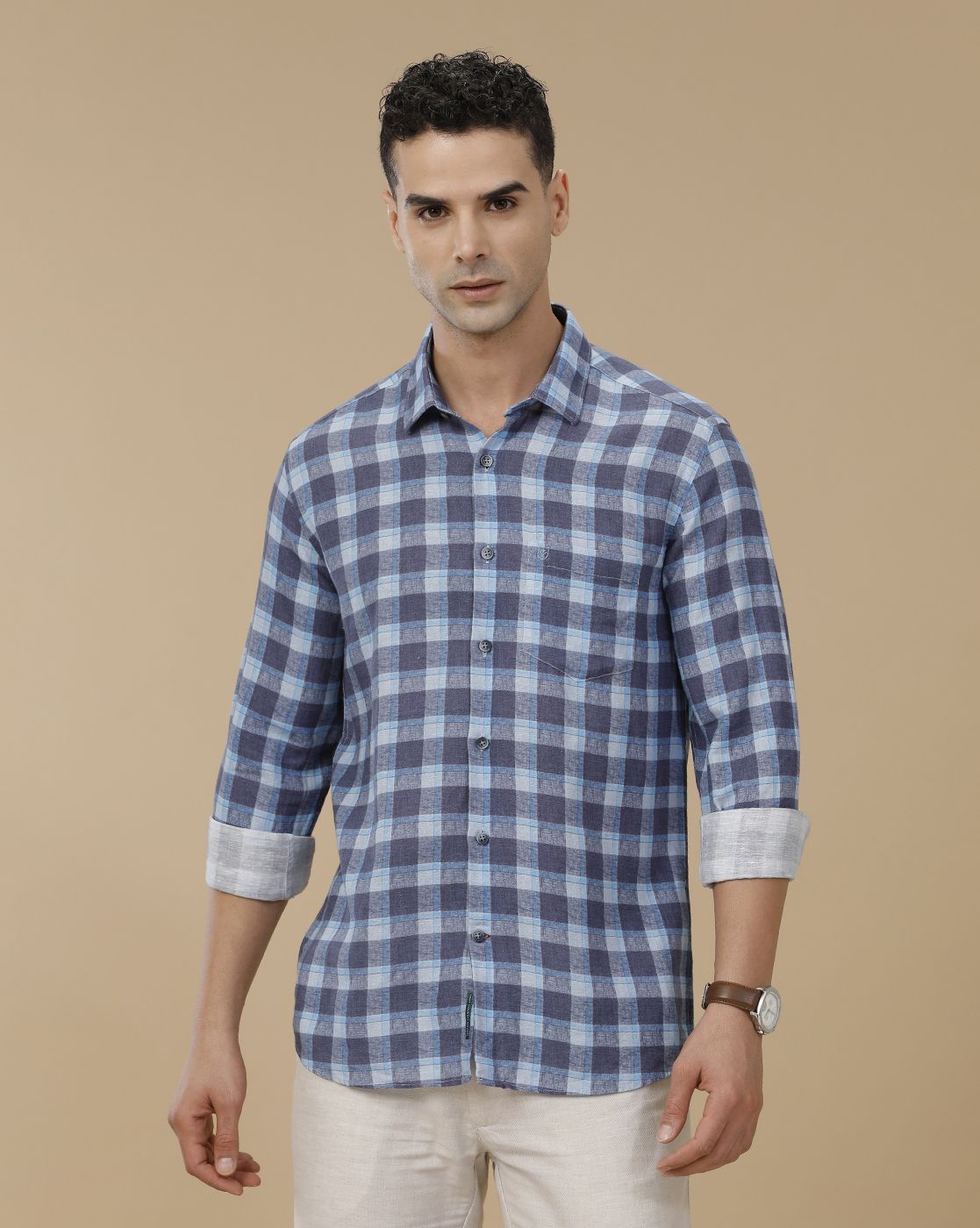 Linen Club Men's Linen Rich Blue Printed Contemporary Fit Full Sleeve Casual Shirt