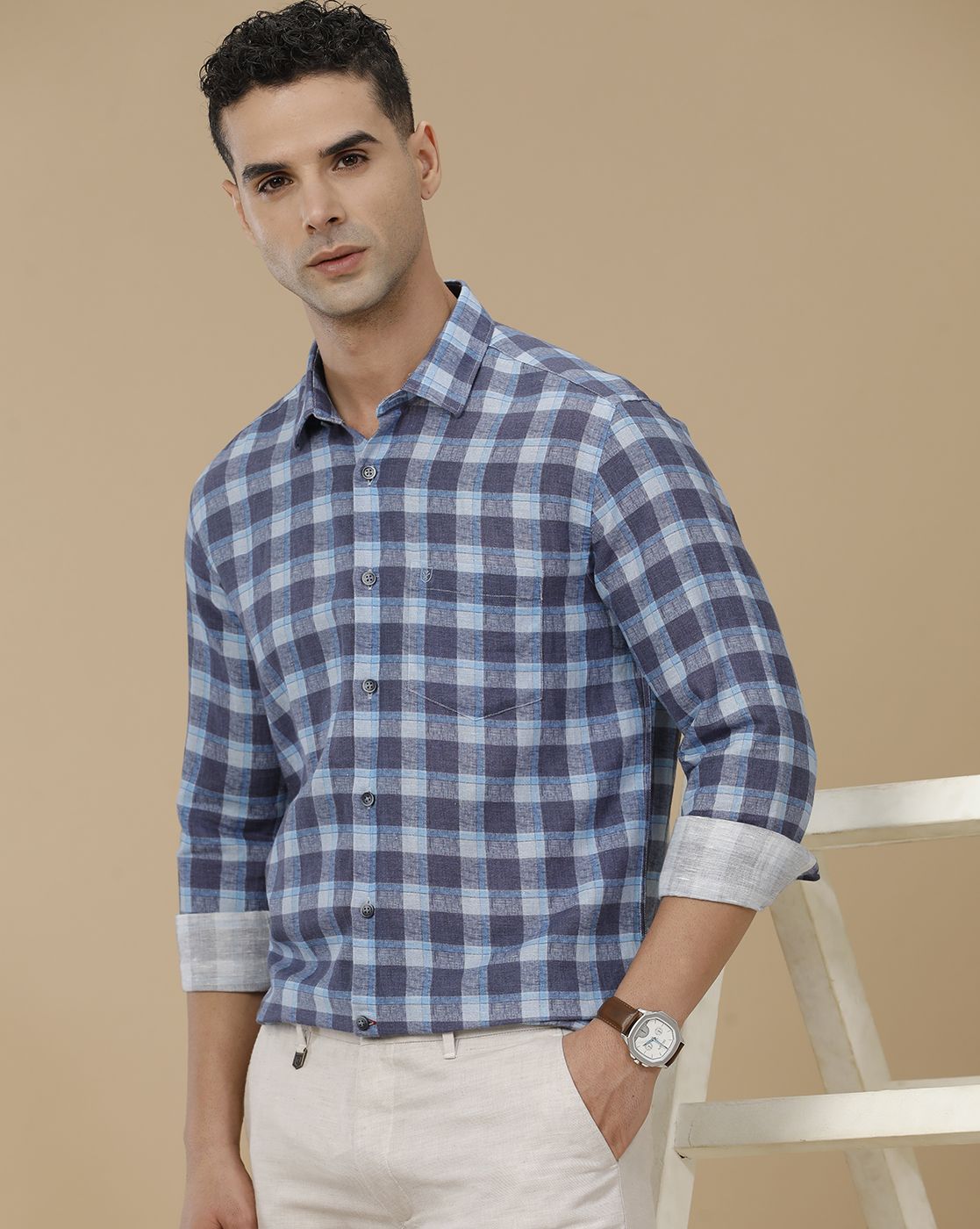Linen Club Men's Linen Rich Blue Printed Contemporary Fit Full Sleeve Casual Shirt