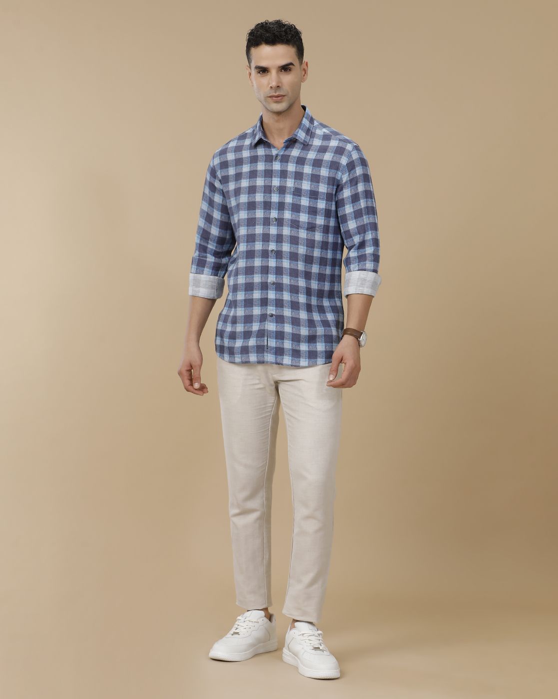 Linen Club Men's Linen Rich Blue Printed Contemporary Fit Full Sleeve Casual Shirt