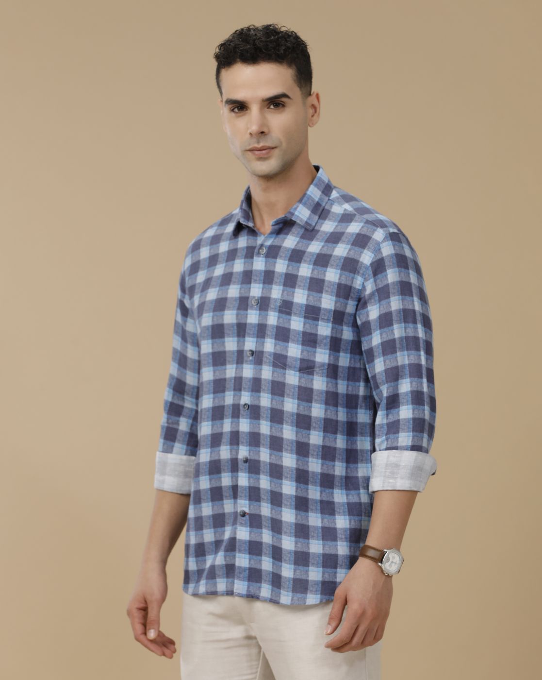 Linen Club Men's Linen Rich Blue Printed Contemporary Fit Full Sleeve Casual Shirt