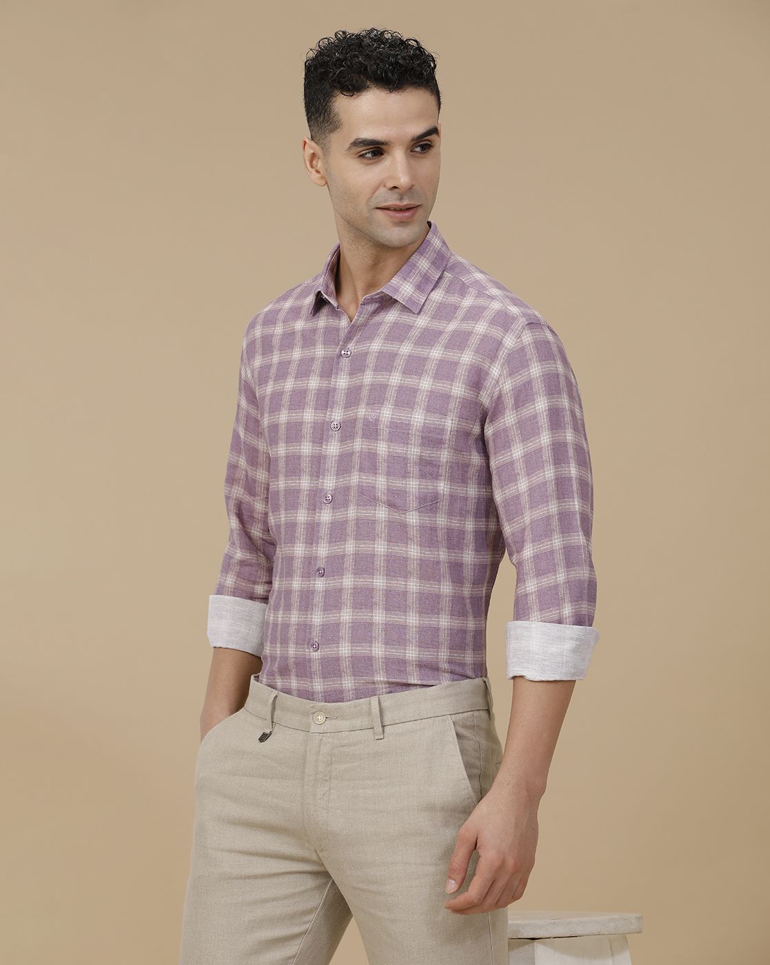 Linen Club Men's Linen Rich Purple Printed Contemporary Fit Full Sleeve Casual Shirt