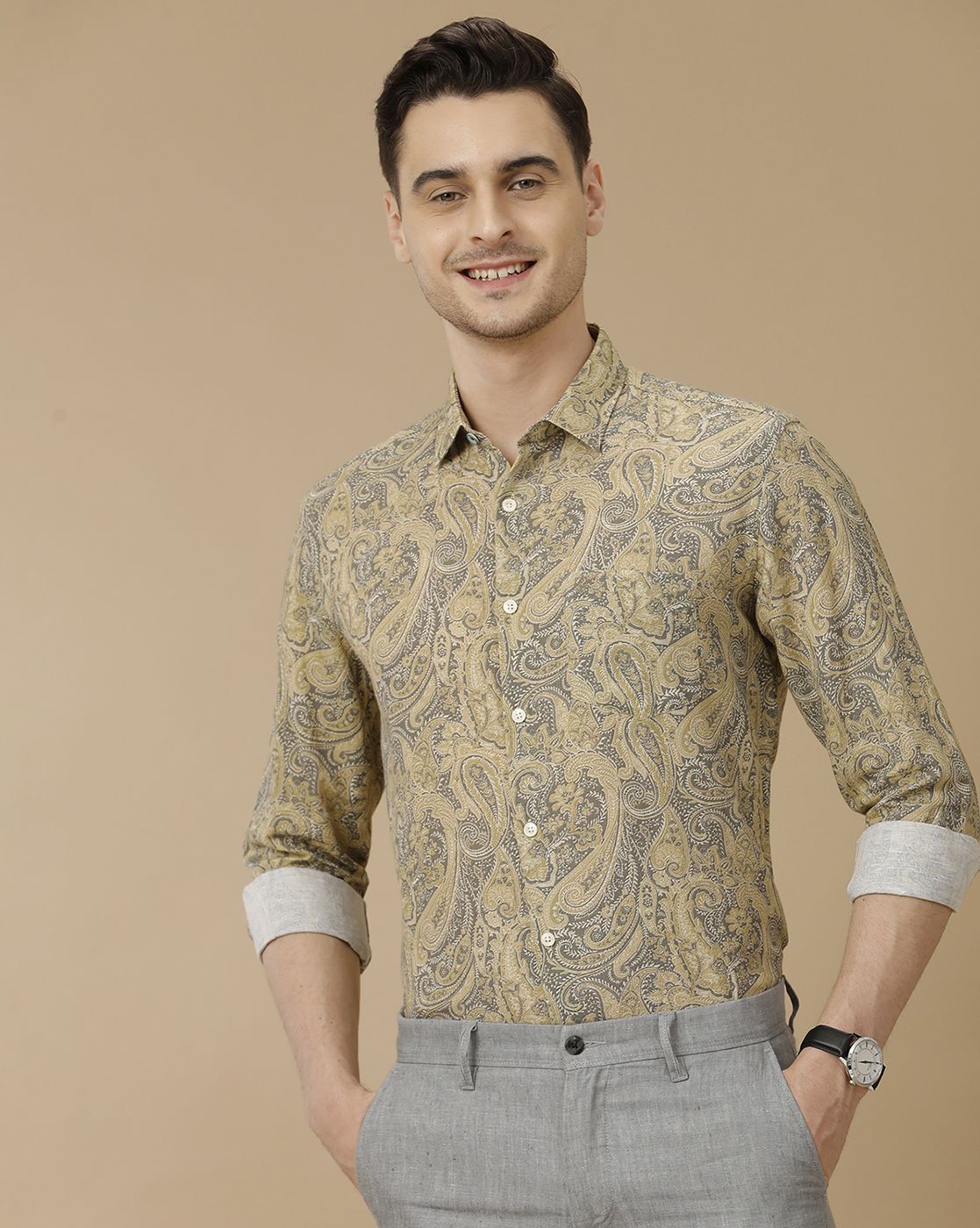 Men's Linen Rich Green Printed Contemporary Fit Full Sleeve Casual Shirt