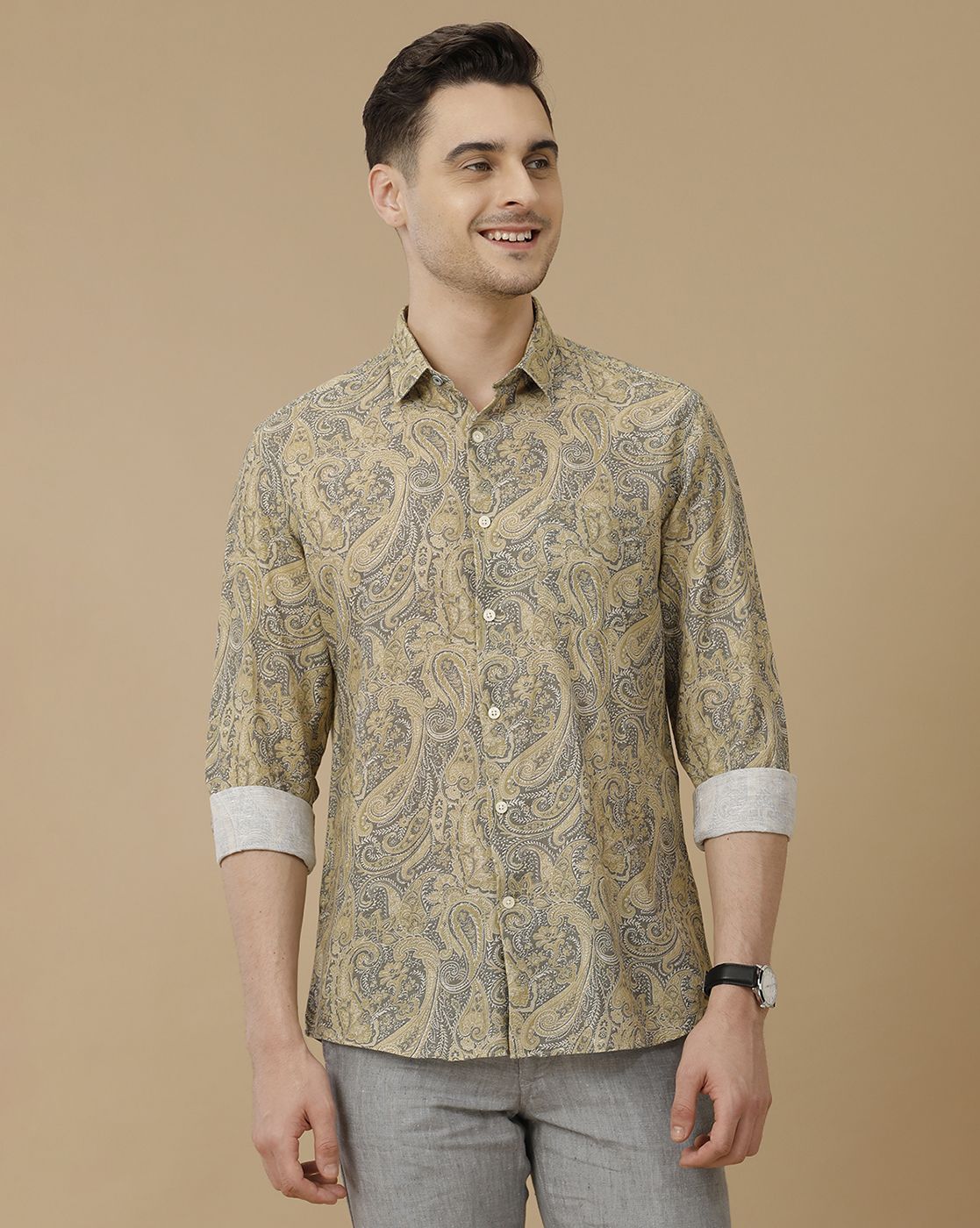 Men's Linen Rich Green Printed Contemporary Fit Full Sleeve Casual Shirt