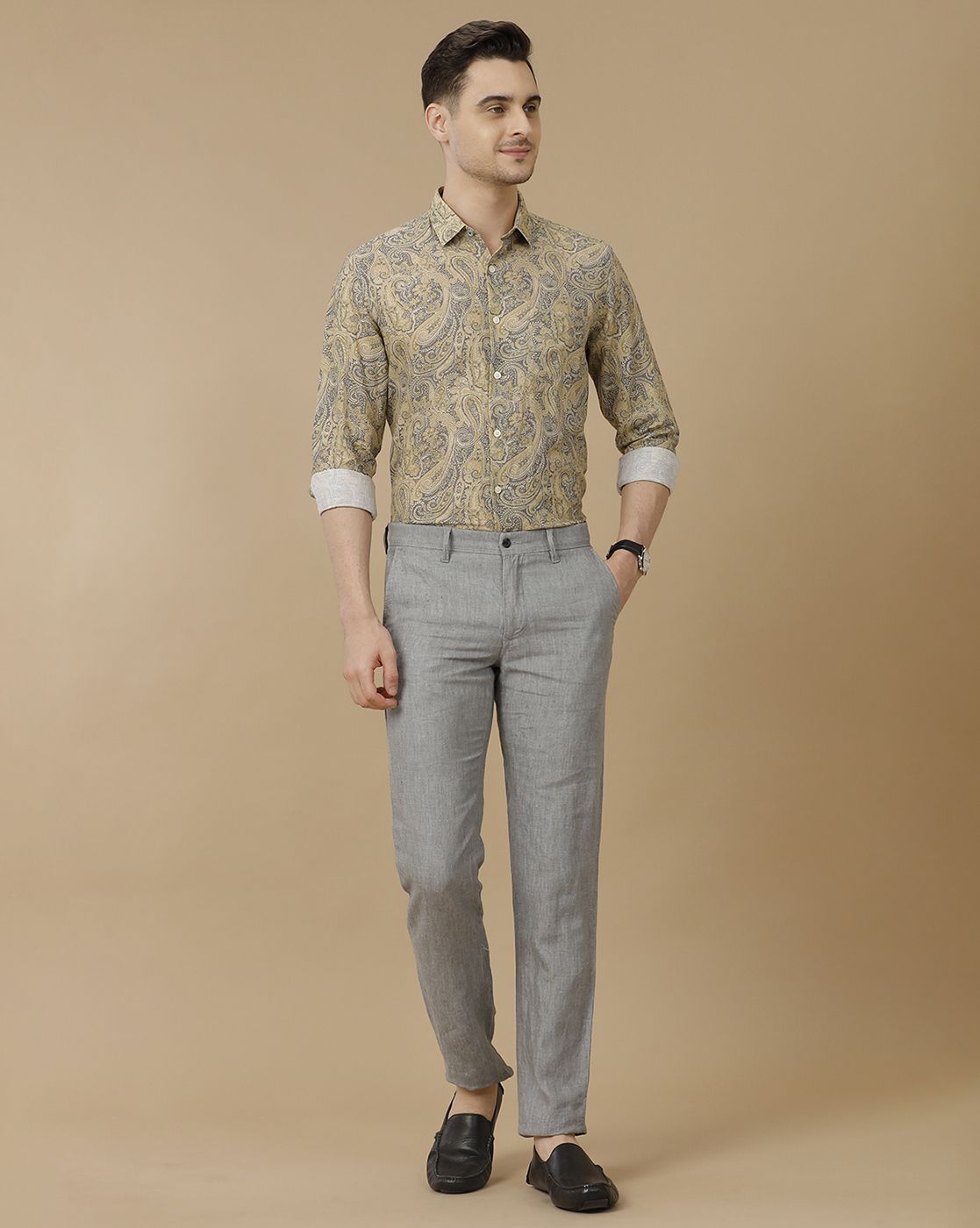 Men's Linen Rich Green Printed Contemporary Fit Full Sleeve Casual Shirt