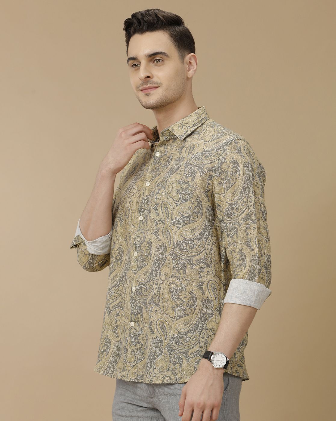 Men's Linen Rich Green Printed Contemporary Fit Full Sleeve Casual Shirt
