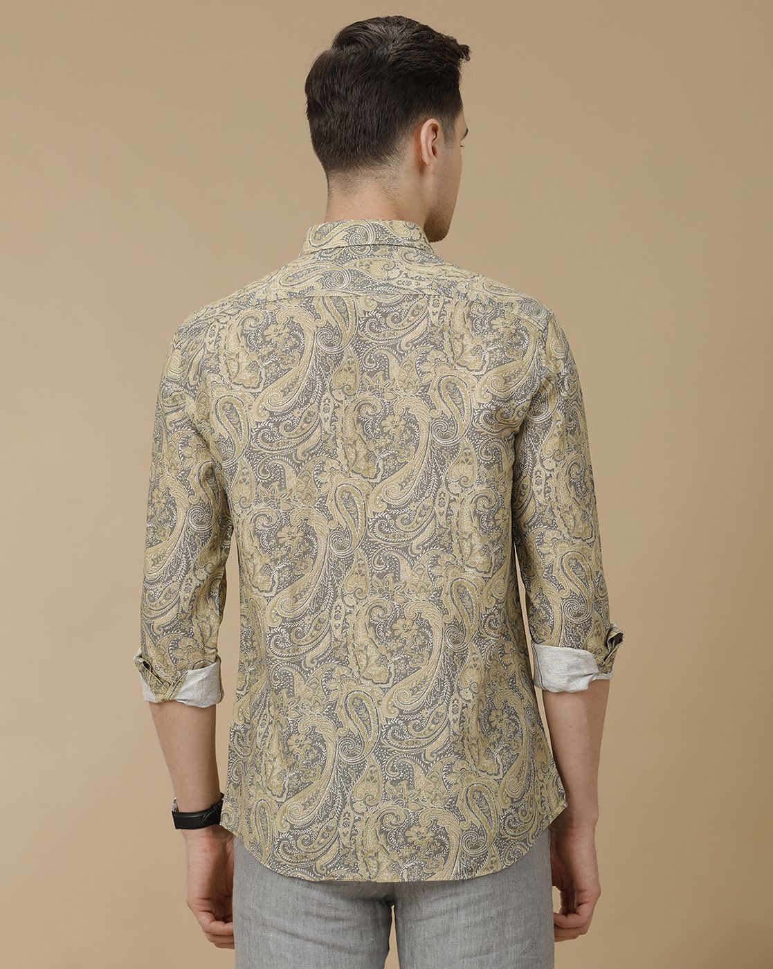 Men's Linen Rich Green Printed Contemporary Fit Full Sleeve Casual Shirt