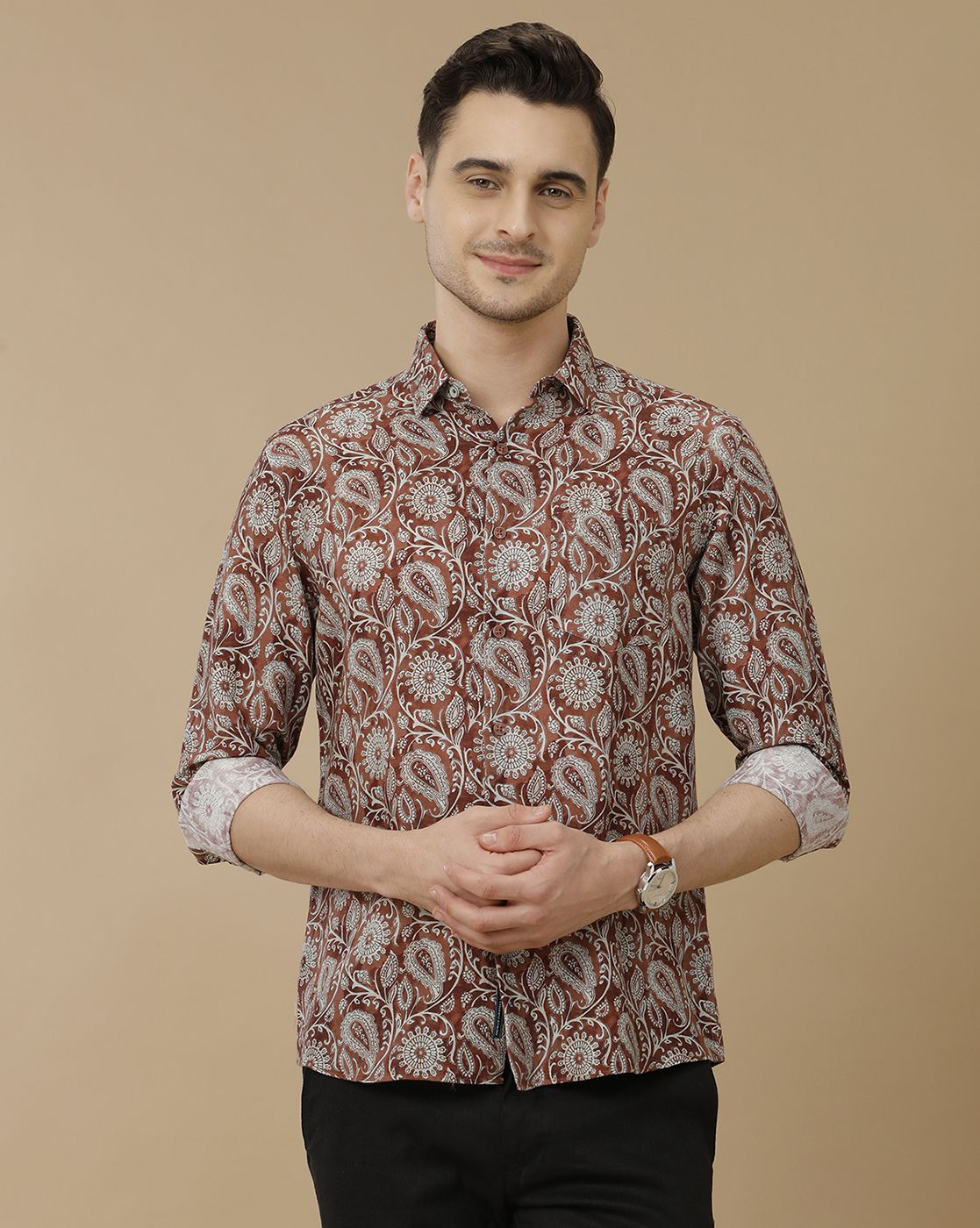 Men's Linen Rich Brown Printed Contemporary Fit Full Sleeve Casual Shirt