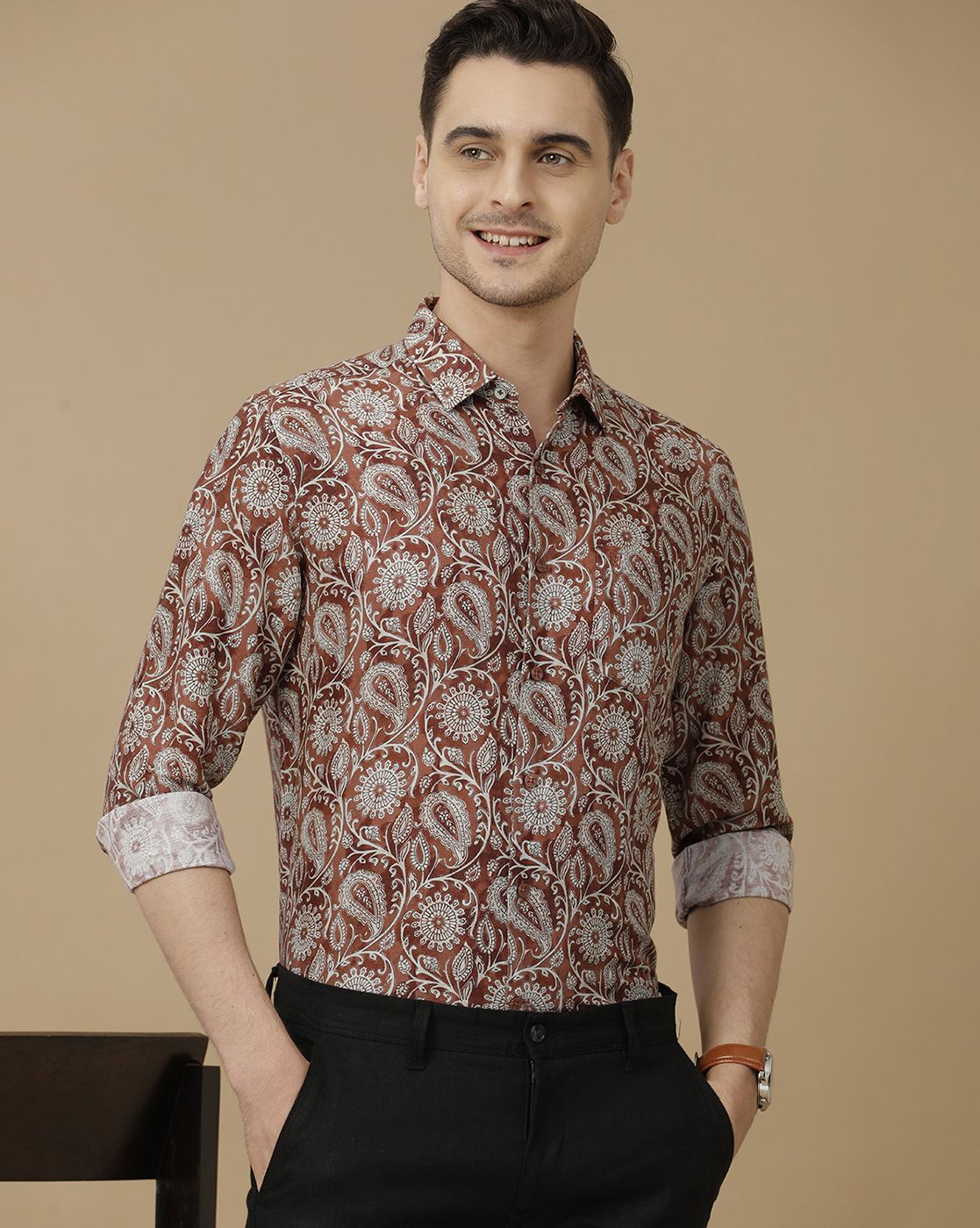 Men's Linen Rich Brown Printed Contemporary Fit Full Sleeve Casual Shirt