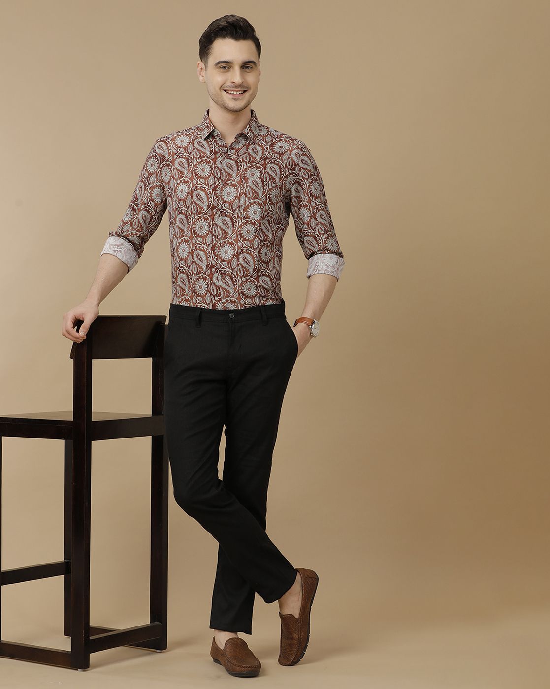 Men's Linen Rich Brown Printed Contemporary Fit Full Sleeve Casual Shirt