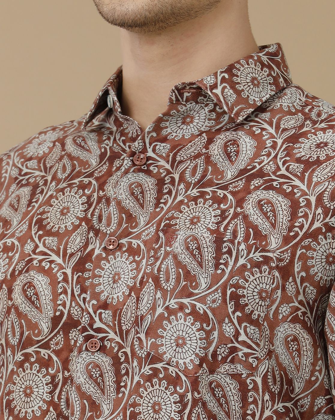 Men's Linen Rich Brown Printed Contemporary Fit Full Sleeve Casual Shirt