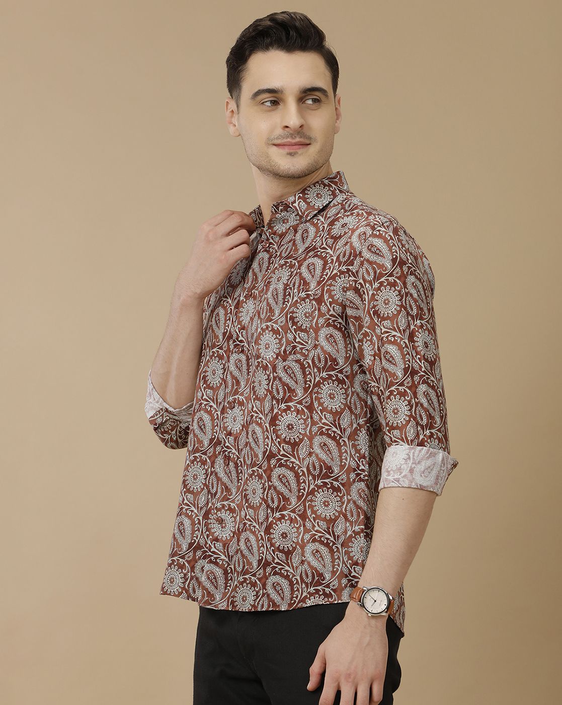 Men's Linen Rich Brown Printed Contemporary Fit Full Sleeve Casual Shirt