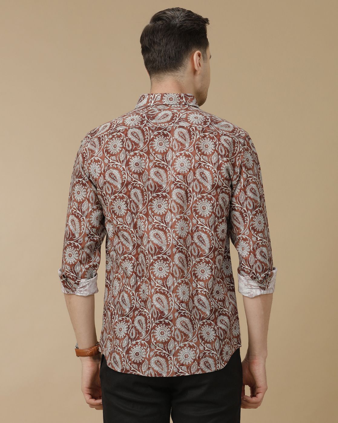 Men's Linen Rich Brown Printed Contemporary Fit Full Sleeve Casual Shirt
