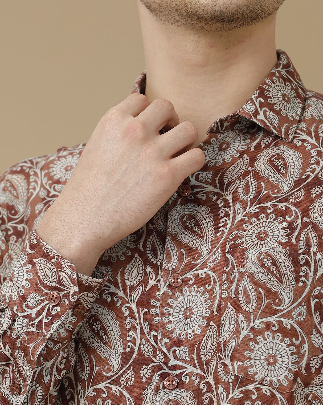 Men's Linen Rich Brown Printed Contemporary Fit Full Sleeve Casual Shirt