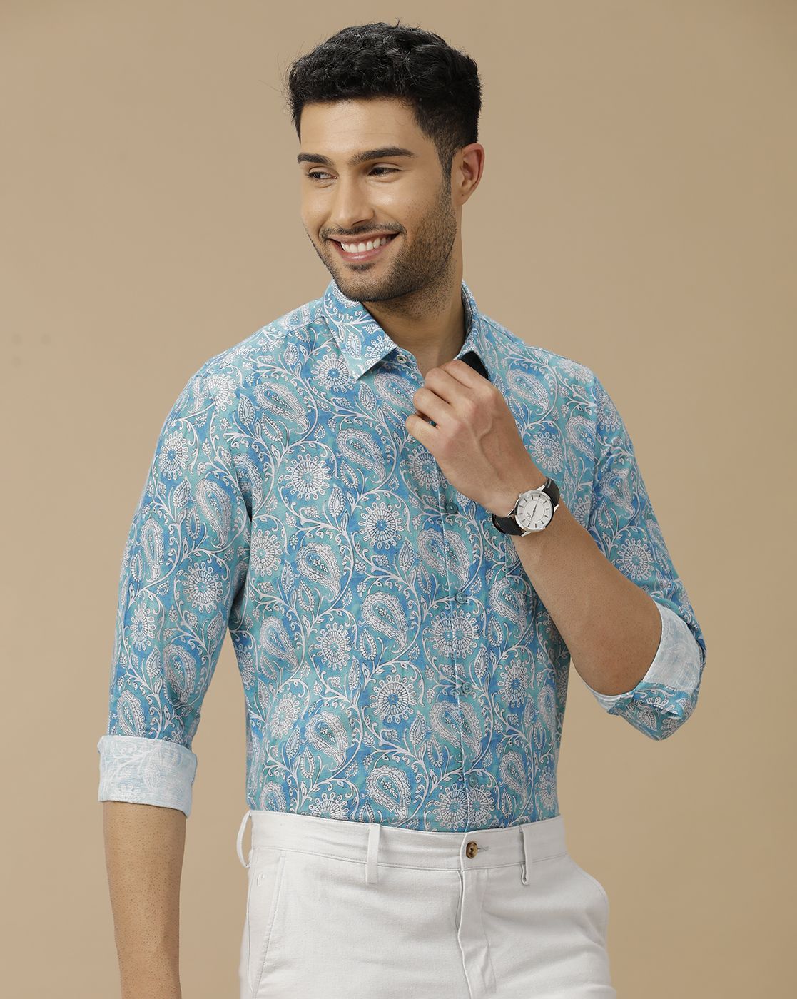 Men's Linen Rich Turquoise Blue Printed Contemporary Fit Full Sleeve Casual Shirt