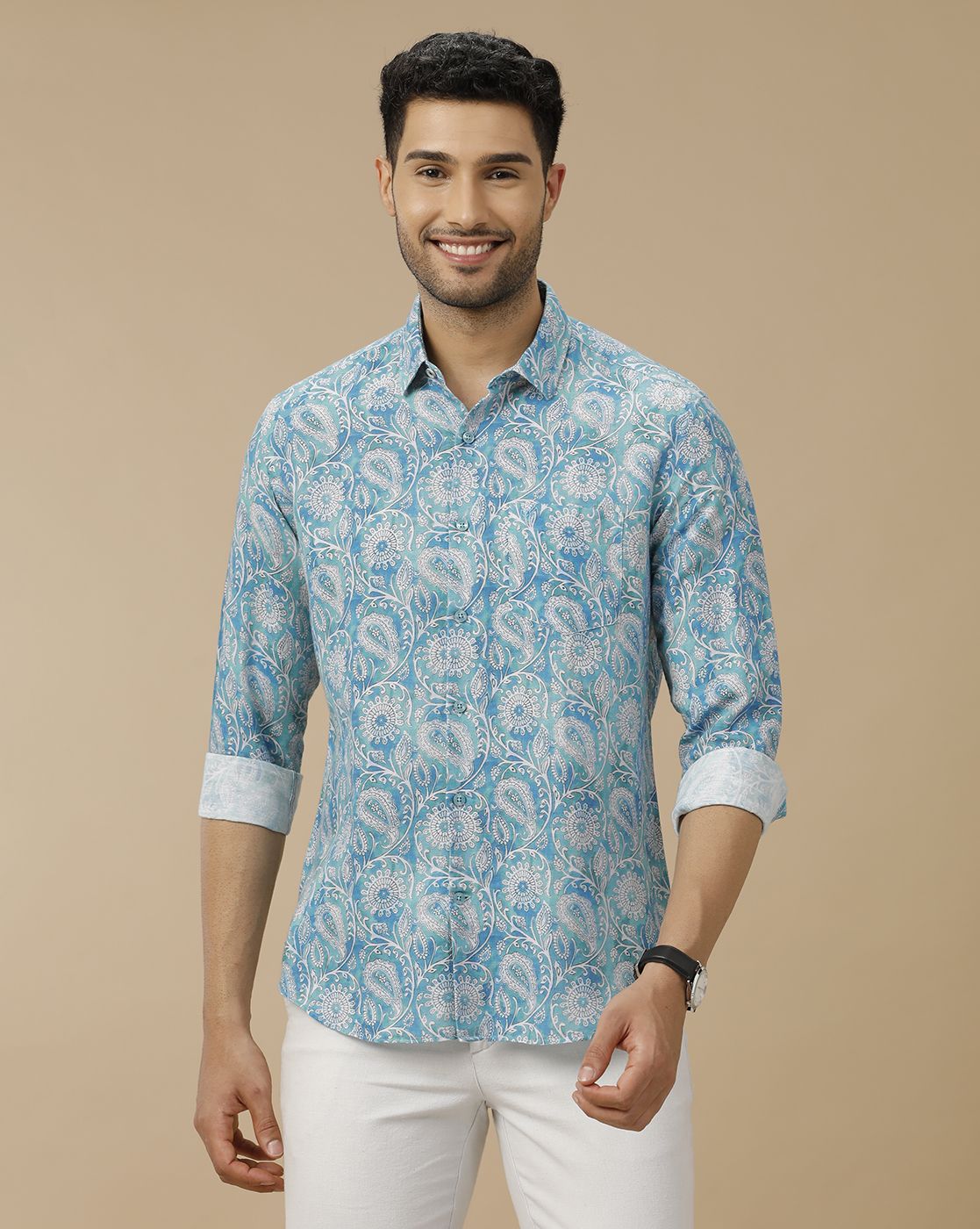 Men's Linen Rich Turquoise Blue Printed Contemporary Fit Full Sleeve Casual Shirt
