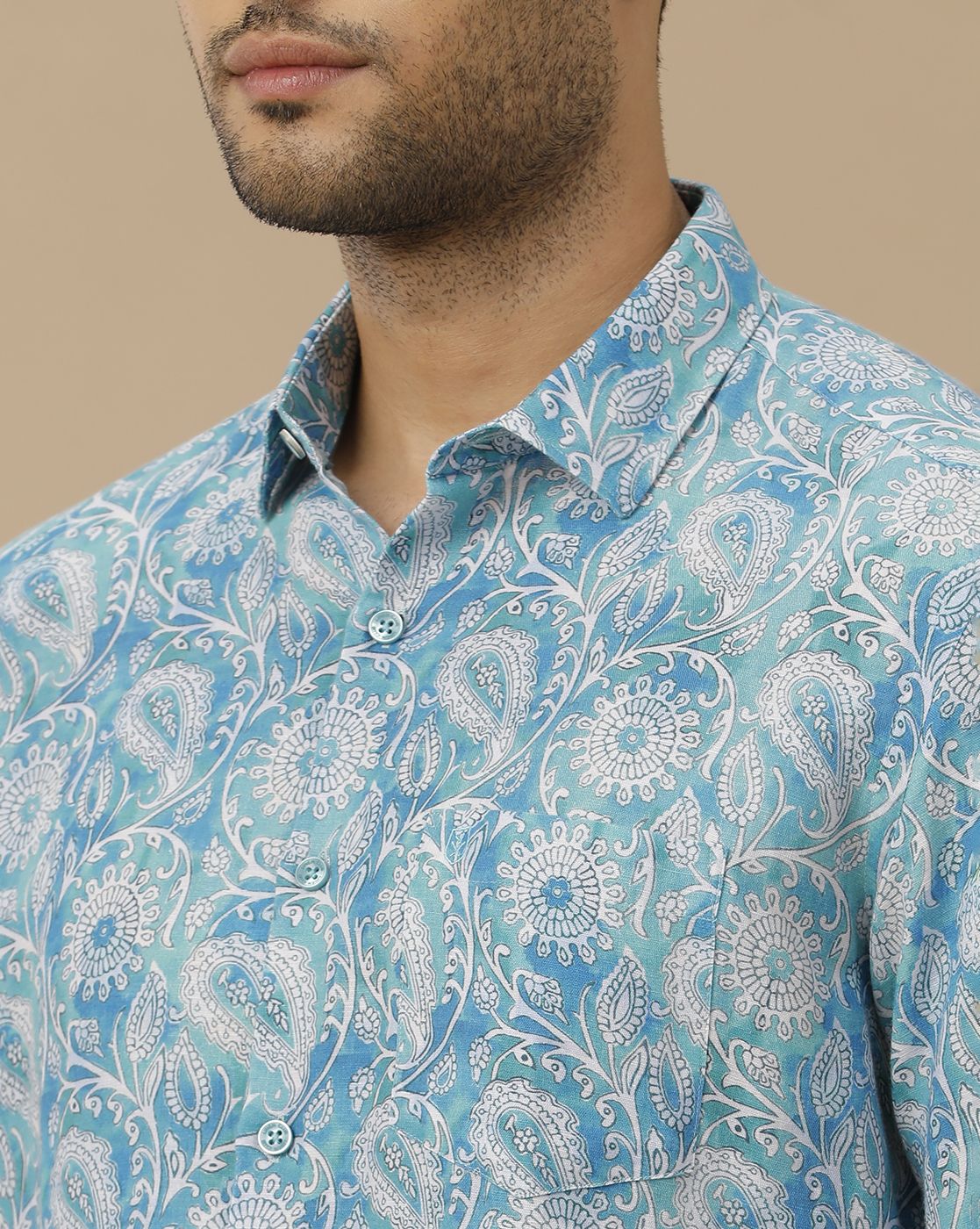 Men's Linen Rich Turquoise Blue Printed Contemporary Fit Full Sleeve Casual Shirt