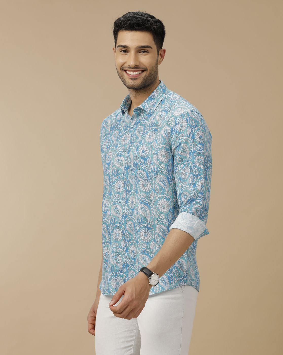 Men's Linen Rich Turquoise Blue Printed Contemporary Fit Full Sleeve Casual Shirt