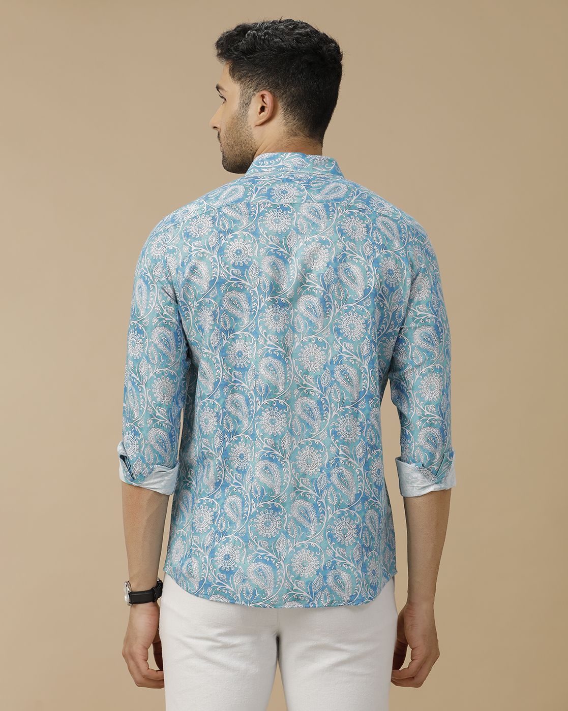 Men's Linen Rich Turquoise Blue Printed Contemporary Fit Full Sleeve Casual Shirt