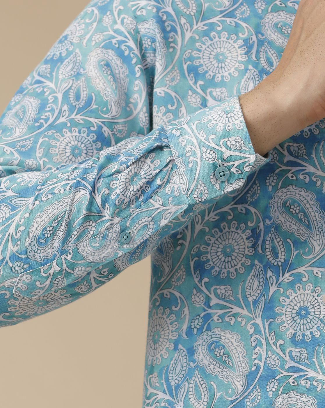 Men's Linen Rich Turquoise Blue Printed Contemporary Fit Full Sleeve Casual Shirt