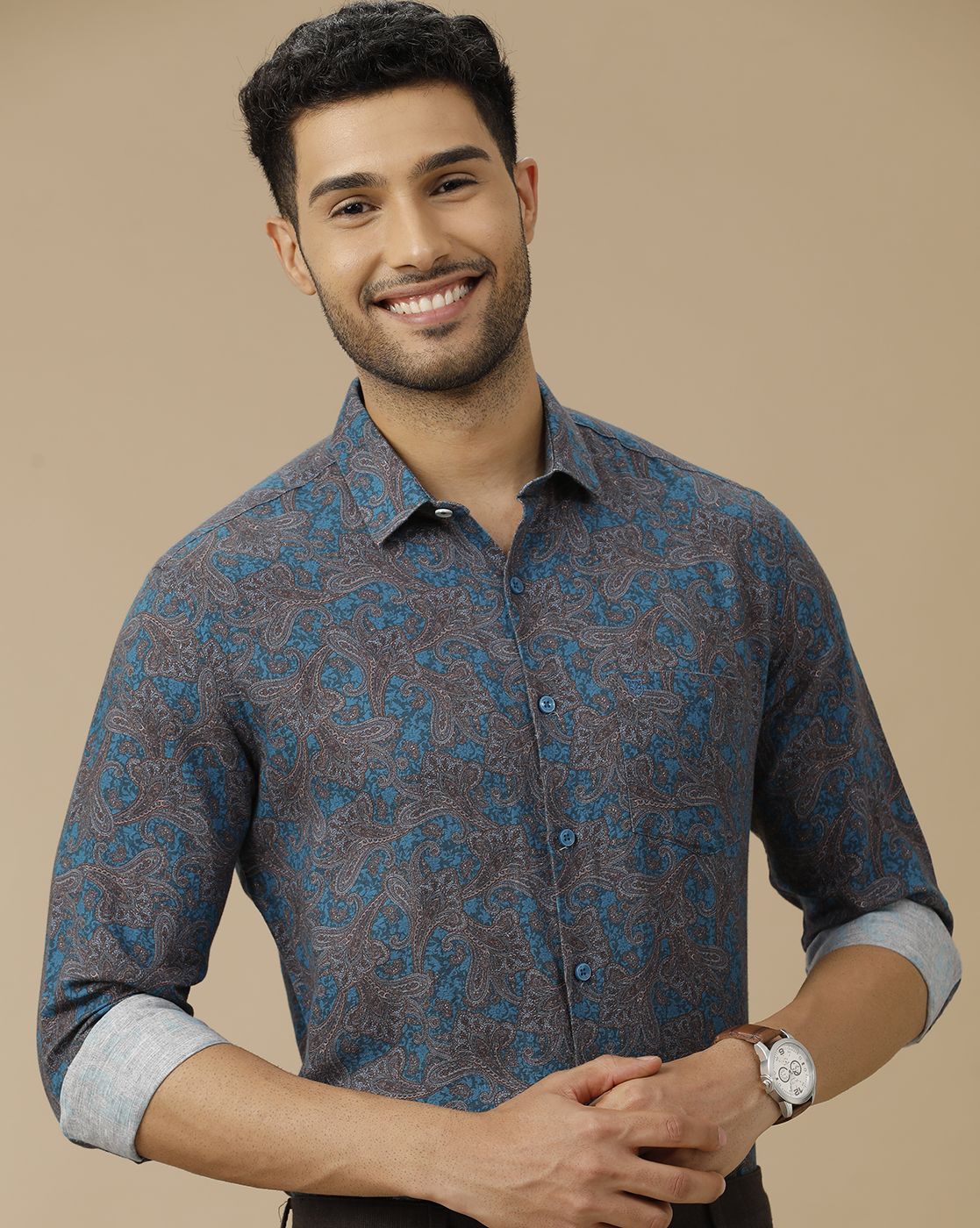 Men's Linen Rich Blue Printed Contemporary Fit Full Sleeve Casual Shirt