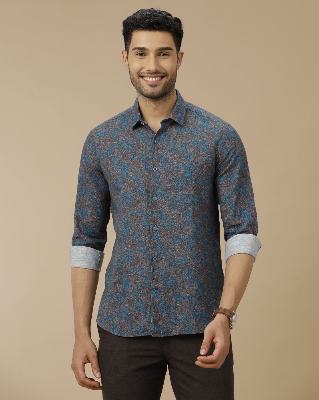 Men's Linen Rich Blue Printed Contemporary Fit Full Sleeve Casual Shirt