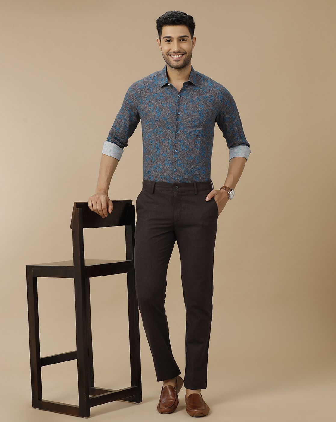 Men's Linen Rich Blue Printed Contemporary Fit Full Sleeve Casual Shirt