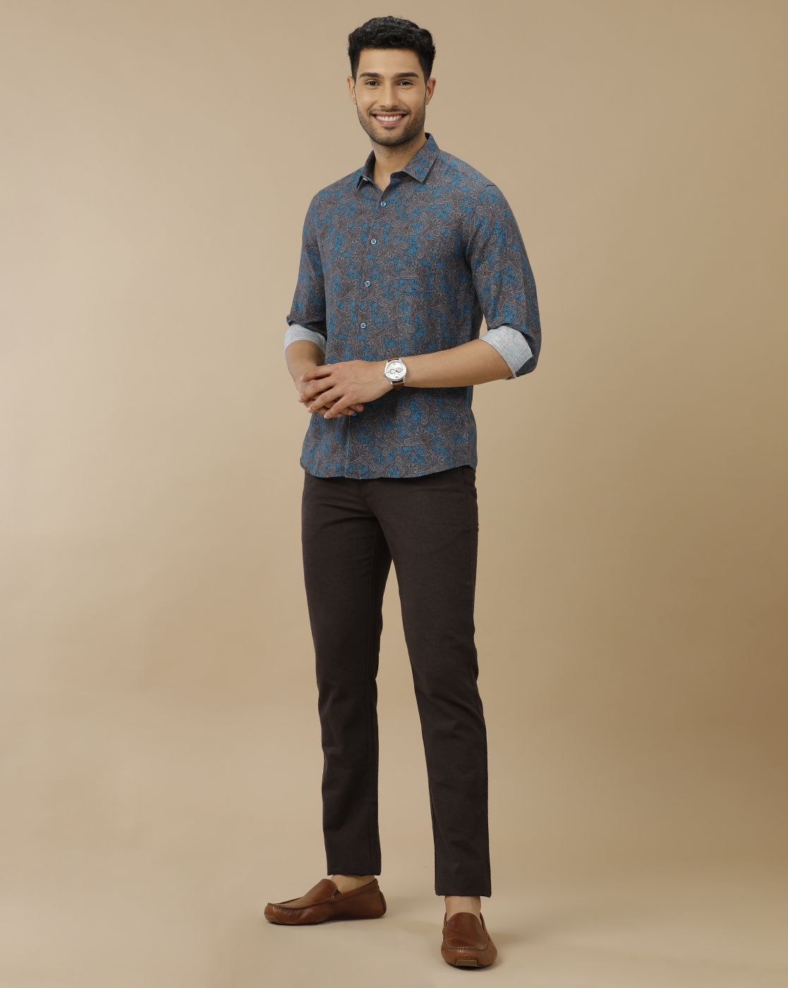 Men's Linen Rich Blue Printed Contemporary Fit Full Sleeve Casual Shirt
