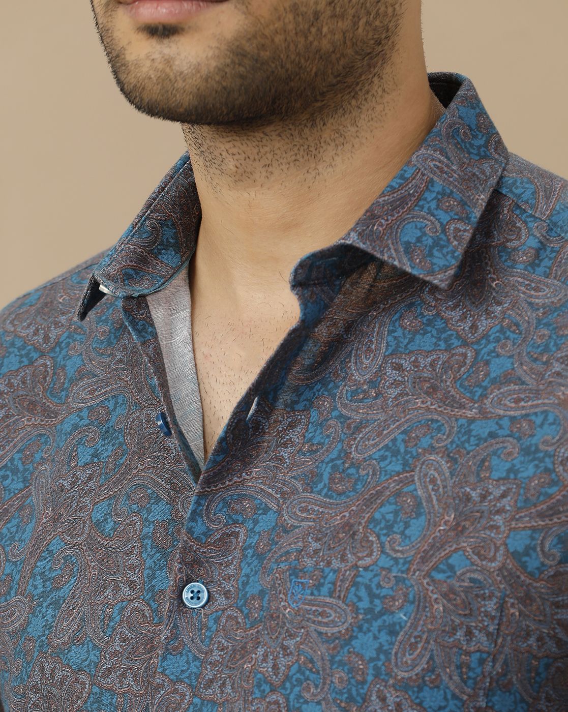 Men's Linen Rich Blue Printed Contemporary Fit Full Sleeve Casual Shirt