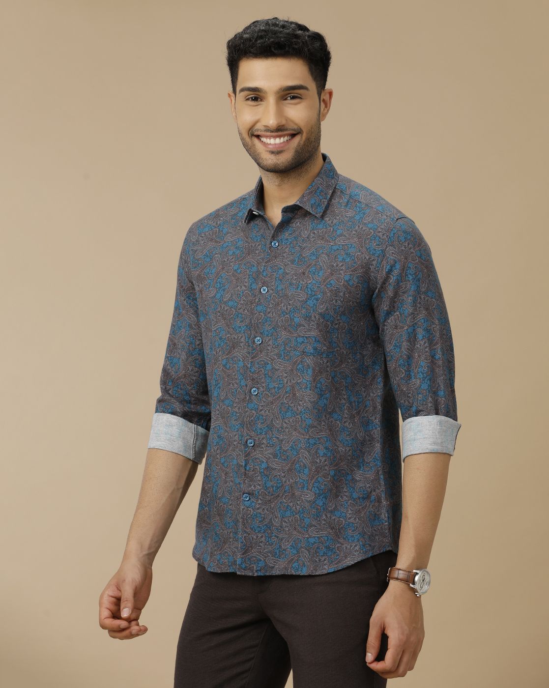 Men's Linen Rich Blue Printed Contemporary Fit Full Sleeve Casual Shirt