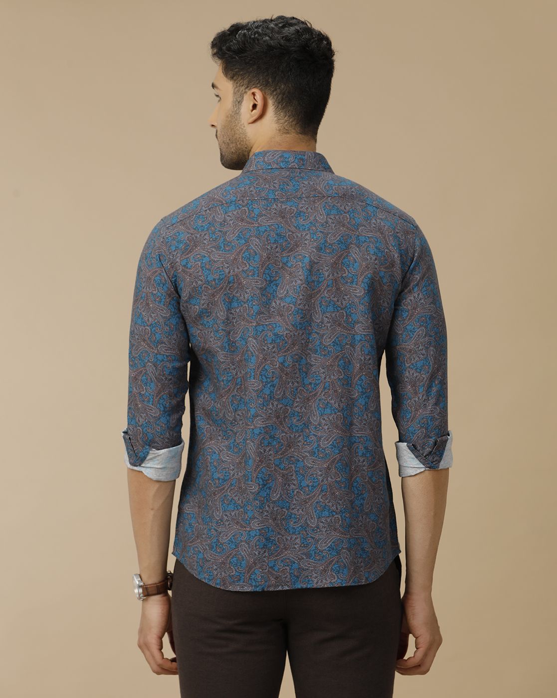Men's Linen Rich Blue Printed Contemporary Fit Full Sleeve Casual Shirt