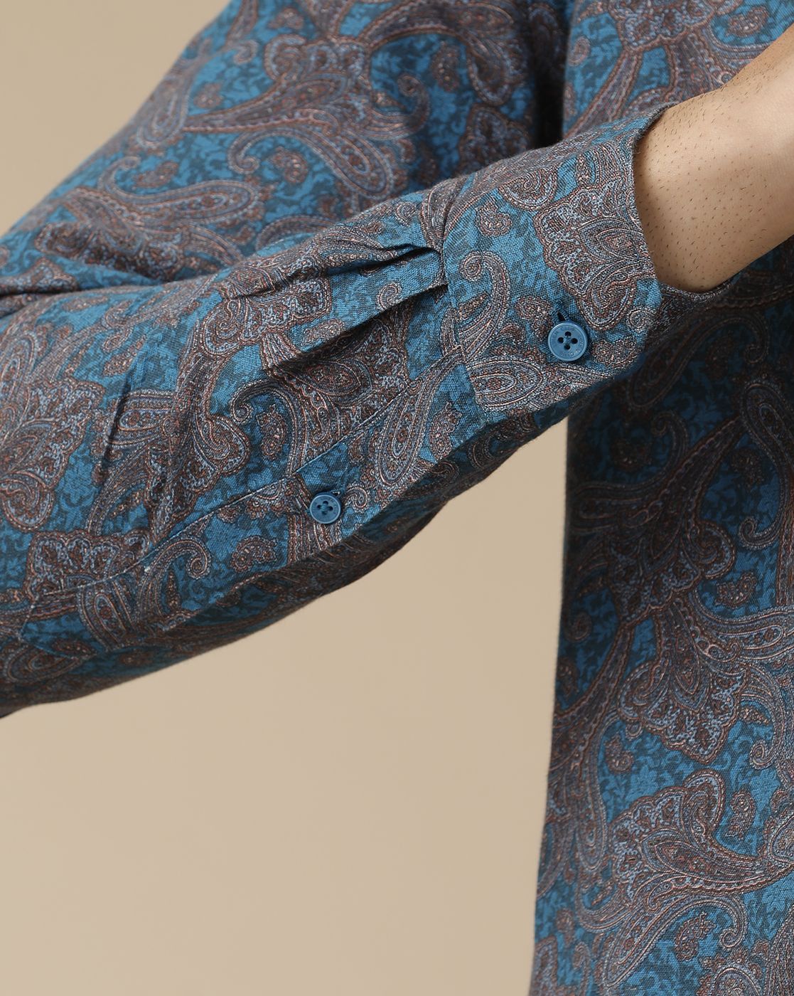 Men's Linen Rich Blue Printed Contemporary Fit Full Sleeve Casual Shirt