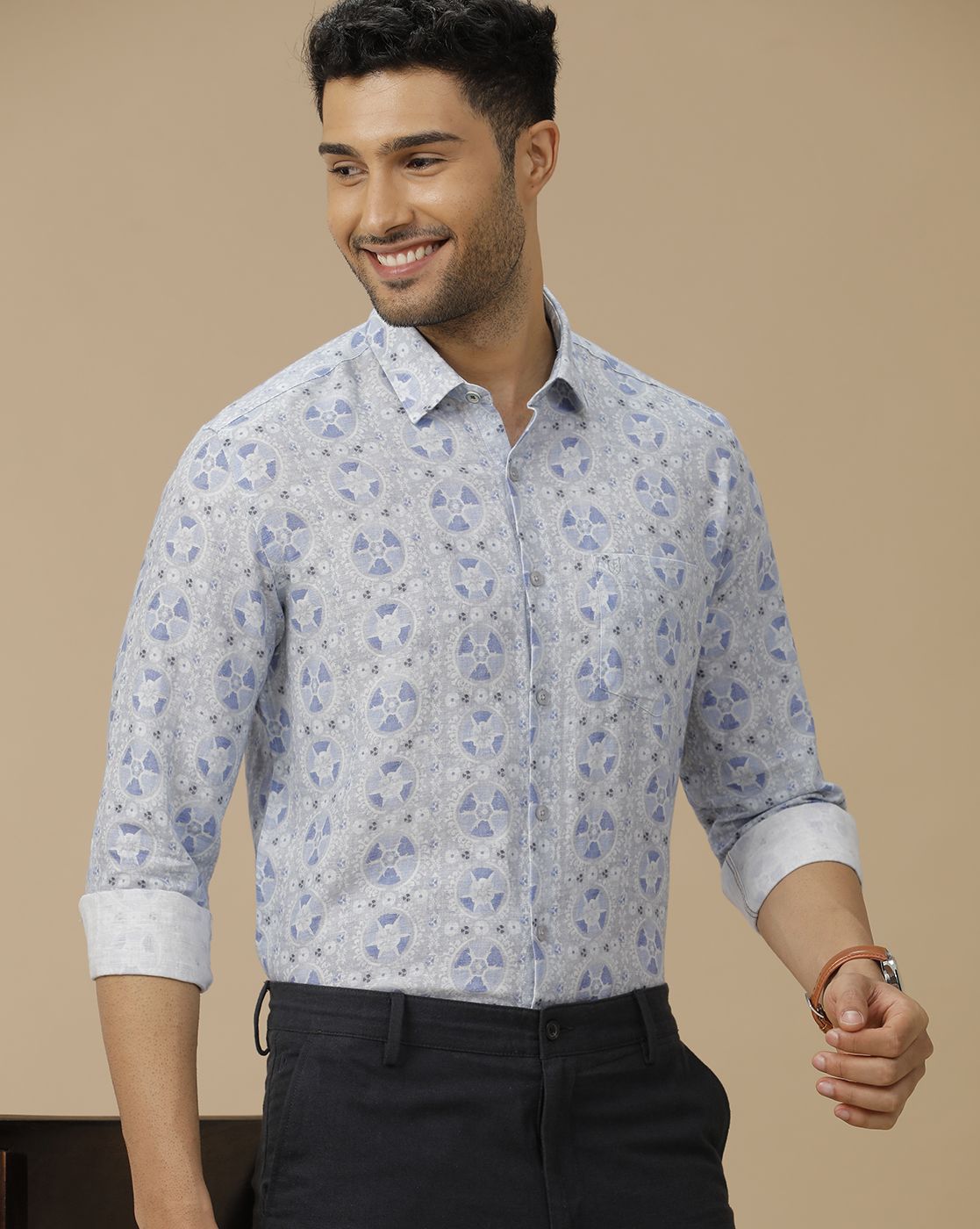 Men's Linen Rich Blue Printed Contemporary Fit Full Sleeve Casual Shirt