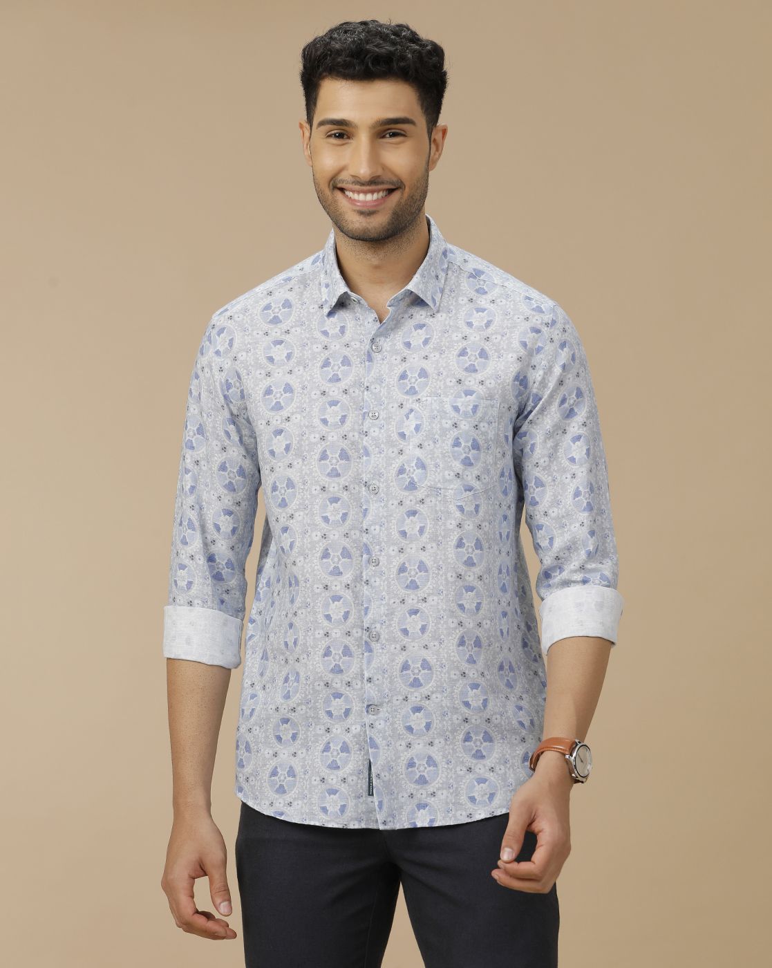 Men's Linen Rich Blue Printed Contemporary Fit Full Sleeve Casual Shirt
