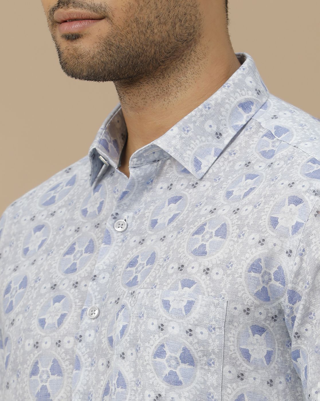 Men's Linen Rich Blue Printed Contemporary Fit Full Sleeve Casual Shirt